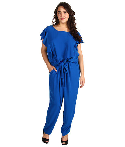 DKNYC Plus Size Plus Size Cap Sleeve Ruffle Front Jumpsuit